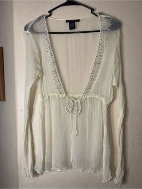 Heart Moon Star Beaded Sheer Tie Front Boho Festival Top Ivory Fairycore L